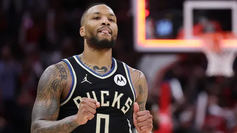 Damian Lillard #0 of the Milwaukee Bucks reacts after a game against the Houston Rockets during the second half at Toyota Center on February 25, 2025 in Houston, Texas.