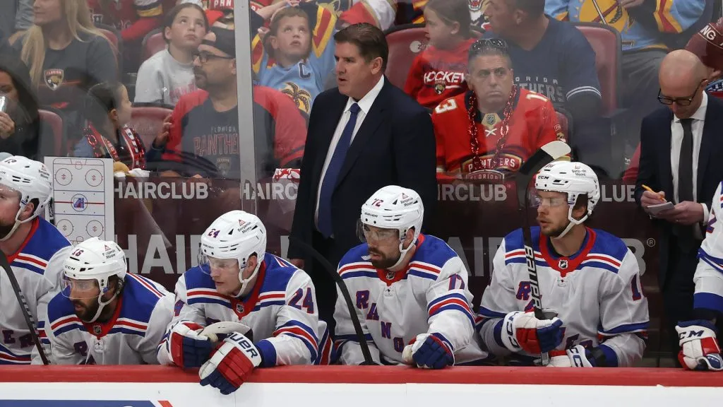Head coach Peter Laviolette of the New York Rangers looks on during first period action against the Florida Panthers in Game Six of the Eastern Conference Final of the 2024 Stanley Cup Playoffs on June 1, 2024 in Sunrise, Florida. (Photo by Joel Auerbach/Getty Images)