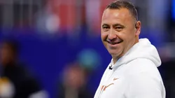Head coach Steve Sarkisian of the Texas Longhorns reacts on the field prior to the Chick-fil-A Peach Bowl against the Arizona State Sun Devils at Mercedes-Benz Stadium on January 01, 2025 in Atlanta, Georgia.