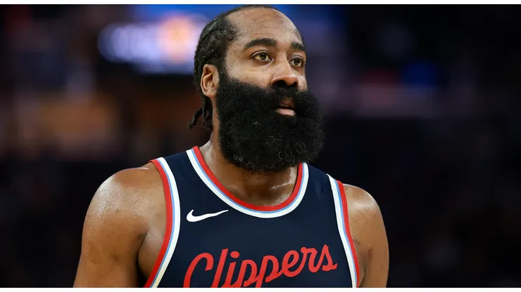 James Harden #1 of the LA Clippers stands on the court during their game against the Golden State Warriors during the second half at Chase Center on April 13, 2025 in San Francisco, California.