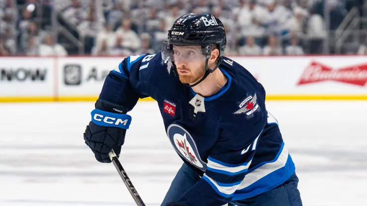 Kyle Connor #81 of the Winnipeg Jets shoots the puck against the St. Louis Blues in the second period of Game One of the First Round of the 2025 Stanley Cup Playoffs at Canada Life Centre on April 19, 2025 in Winnipeg, Canada.