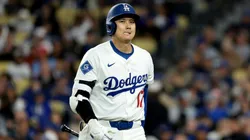 Shohei Ohtani #17 of the Los Angeles Dodgers reacts after a strike out to end the fifth inning against the Colorado Rockies at Dodger Stadium on April 16, 2025 in Los Angeles, California.