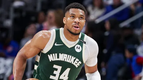 Giannis Antetokounmpo #34 of the Milwaukee Bucks dribbles the ball up the court during the second quarter of the game against the Detroit Pistons at Little Caesars Arena on April 11, 2025 in Detroit, Michigan.