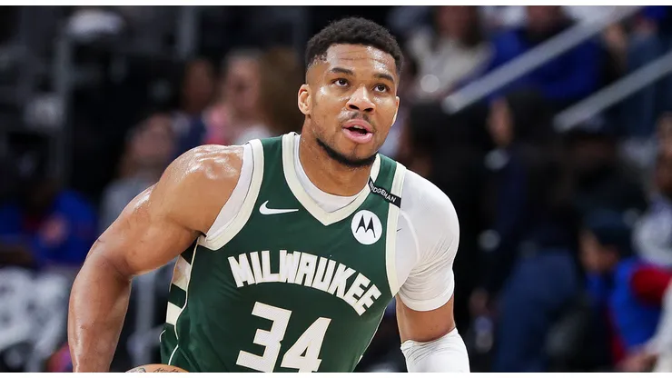 Giannis Antetokounmpo #34 of the Milwaukee Bucks dribbles the ball up the court during the second quarter of the game against the Detroit Pistons at Little Caesars Arena on April 11, 2025 in Detroit, Michigan.