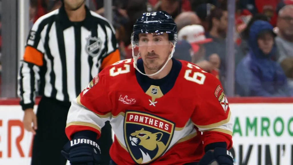 Brad Marchand #63 of the Florida Panthers skates against the Montreal Canadiens at Amerant Bank Arena on March 30, 2025 in Sunrise, Florida.