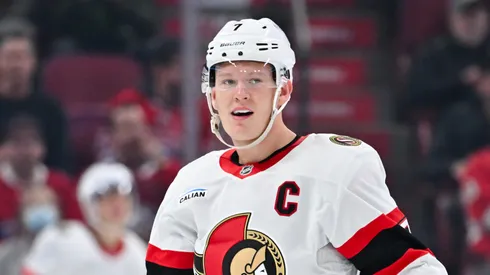 Brady Tkachuk #7 of the Ottawa Senators skates during the third period against the Montreal Canadiens at the Bell Centre on October 12, 2024 in Montreal, Quebec, Canada. The Montreal Canadiens defeated the Ottawa Senators 4-1.