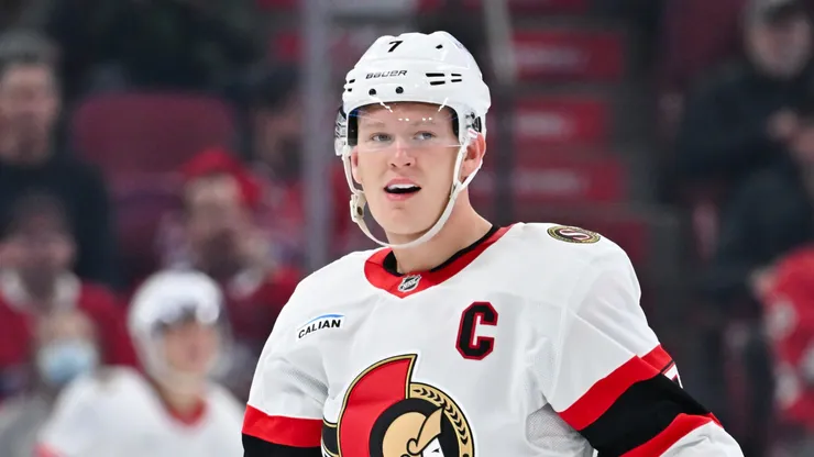 Brady Tkachuk #7 of the Ottawa Senators skates during the third period against the Montreal Canadiens at the Bell Centre on October 12, 2024 in Montreal, Quebec, Canada. The Montreal Canadiens defeated the Ottawa Senators 4-1.