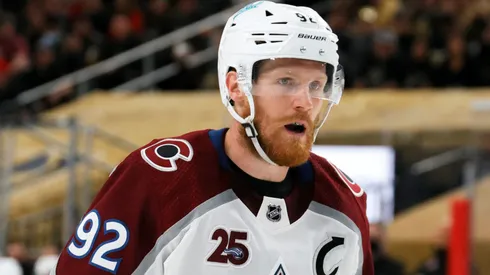 Gabriel Landeskog #92 of the Colorado Avalanche takes a break during a stop in play in the third period of Game Three of the Second Round of the 2021 Stanley Cup Playoffs at T-Mobile Arena on June 4, 2021 in Las Vegas, Nevada. The Golden Knights defeated the Avalanche 3-2.