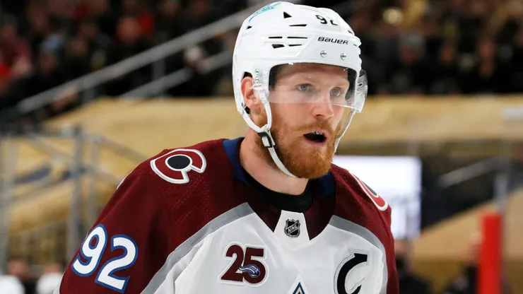 Gabriel Landeskog #92 of the Colorado Avalanche takes a break during a stop in play in the third period of Game Three of the Second Round of the 2021 Stanley Cup Playoffs at T-Mobile Arena on June 4, 2021 in Las Vegas, Nevada. The Golden Knights defeated the Avalanche 3-2.