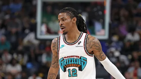 Ja Morant #12 of the Memphis Grizzlies handles the ball against the Dallas Mavericksduring the second half of the Play-In Tournament