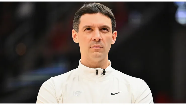 Head coach Mark Daigneault of the Oklahoma City Thunder watches from the sidelines during the first half against the Cleveland Cavaliers at Rocket Mortgage Fieldhouse on January 08, 2025 in Cleveland, Ohio.