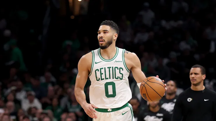 Jayson Tatum #0 of the Boston Celtics dribbles the ball in Game One of the Eastern Conference First Round NBA Playoffs against the Orlando Magic