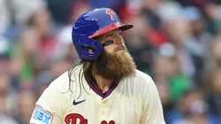 Brandon Marsh #16 of the Philadelphia Phillies at bat during a game against the Los Angeles Dodgers at at Citizens Bank Park on April 05, 2025 in Philadelphia, Pennsylvania.