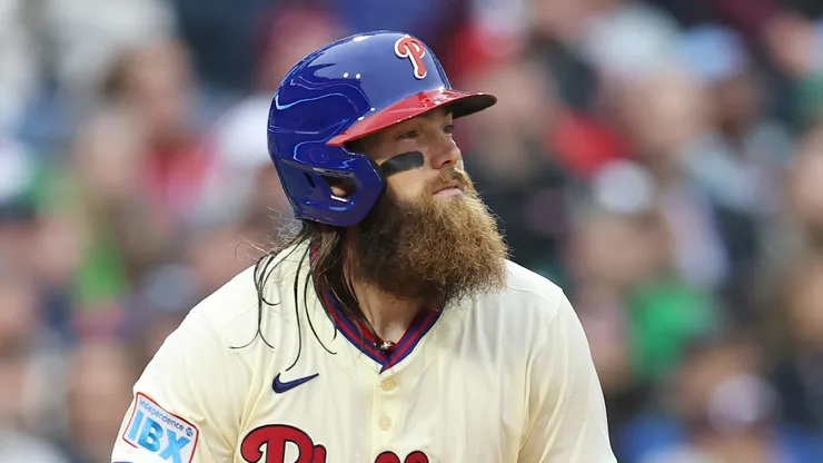 Brandon Marsh #16 of the Philadelphia Phillies at bat during a game against the Los Angeles Dodgers at at Citizens Bank Park on April 05, 2025 in Philadelphia, Pennsylvania.
