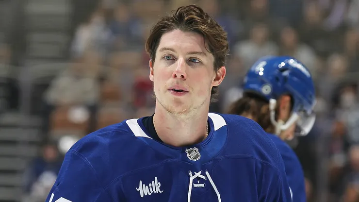 Mitchell Marner #16 of the Toronto Maple Leafs takes a breather against the Montreal Canadiens during the first period in an NHL game at Scotiabank Arena on April 12, 2025 in Toronto, Ontario, Canada.