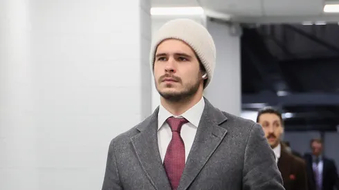 of the New York Rangers arrives for the game against the New York Islanders at UBS Arena on February 25, 2025 in Elmont, New York.