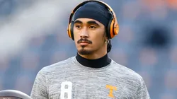 Nico Iamaleava #8 of the Tennessee Volunteers warms up prior to the game against the Kentucky Wildcats at Neyland Stadium on November 02, 2024 in Knoxville, Tennessee.