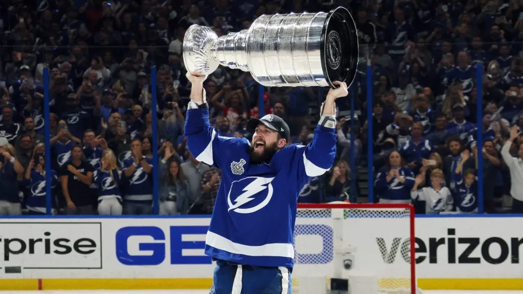 Nikita Kucherov #86 of the Tampa Bay Lightning celebrates with the Stanley Cup in Game Five to win the 2021 NHL Stanley Cup Final. (Source: Bruce Bennett/Getty Images)