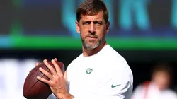 Aaron Rodgers warms up prior to the game against the New York Giants at MetLife Stadium on August 26, 2023 in East Rutherford, New Jersey.