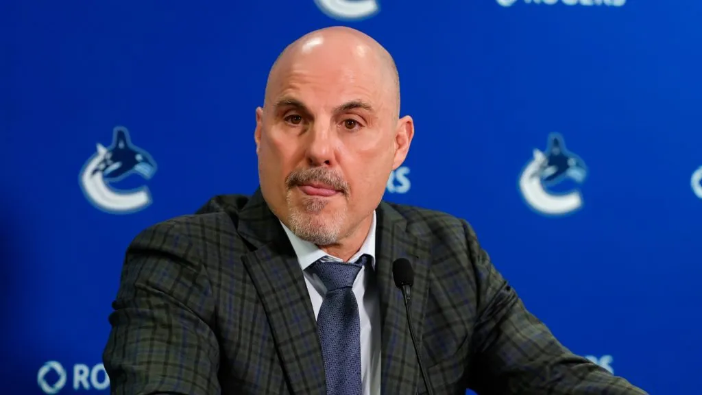 Vancouver Canucks head coach Rick Tocchet speaks to the media after their NHL game against the Vegas Golden Knights at Rogers Arena on April 16, 2025 in Vancouver, Canada.