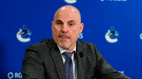 Rick Tocchet speaks to the media at Rogers Arena on April 16, 2025 in Vancouver, Canada.