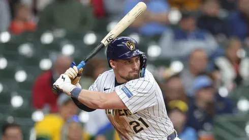 Caleb Durbin #21 of the Milwaukee Brewers at bat during a game against the Athletics at American Family Field on April 20, 2025 in Milwaukee, Wisconsin.