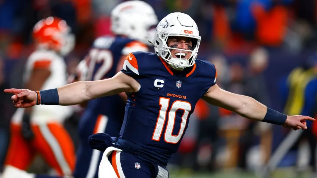 Bo Nix #10 of the Denver Broncos celebrates after throwing a 93 yard touchdown pass to Marvin Mims Jr. #19 against the Cleveland Browns during the third quarter in the game in 2024. (Source: Justin Edmonds/Getty Images)