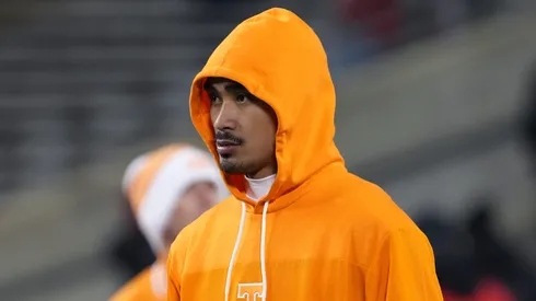 Nico Iamaleava #8 of the Tennessee Volunteers warms up before the game against the Ohio State Buckeyes in the Playoff First Round Game at Ohio Stadium on December 21, 2024 in Columbus, Ohio.
