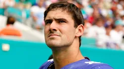 Daniel Jones #8 of the New York Giants leaves the field after an injury against the Miami Dolphins during the fourth quarter at Hard Rock Stadium on October 08, 2023.