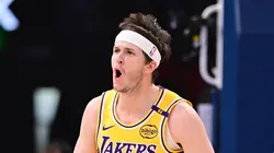 Austin Reaves #15 of the Los Angeles Lakers celebrates a made basket during the first half against the Oklahoma City Thunder