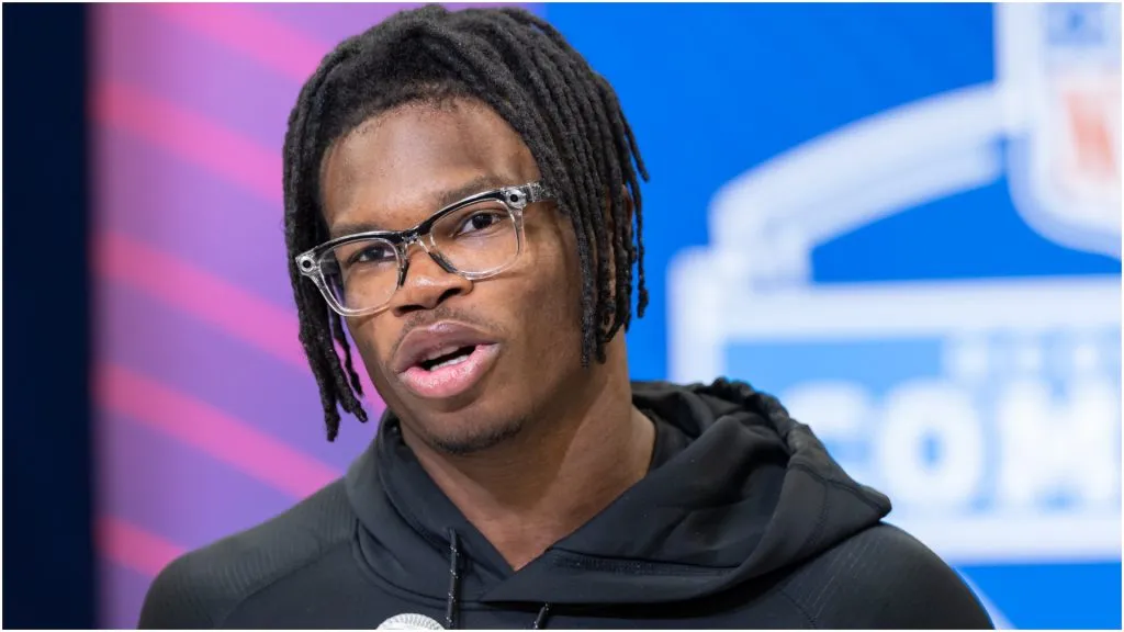 Travis Hunter of Colorado speaks to the media during the 2025 NFL Scouting Combine – Michael Hickey/Getty Images