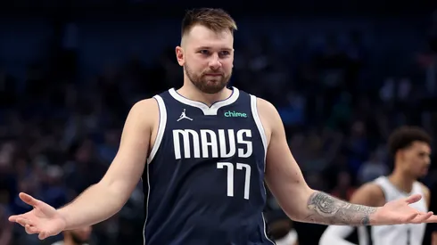Luka Doncic #77 of the Dallas Mavericks reacts after making a three-point basket against the San Antonio Spurs in the third quarter at American Airlines Center on October 24, 2024 in Dallas, Texas.