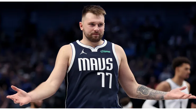 Luka Doncic #77 of the Dallas Mavericks reacts after making a three-point basket against the San Antonio Spurs in the third quarter at American Airlines Center on October 24, 2024 in Dallas, Texas.