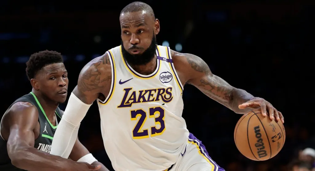 LeBron James handing a ball in the game against Minnesota Timberwolves