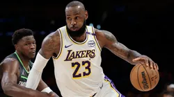 LeBron James #23 of the Los Angeles Lakers drives to the basket against Anthony Edwards #5 of the Minnesota Timberwolves during the first quarter in Game One of the Western Conference First Round NBA Playoffs at Crypto.com Arena on April 19, 2025 in Los Angeles, California.