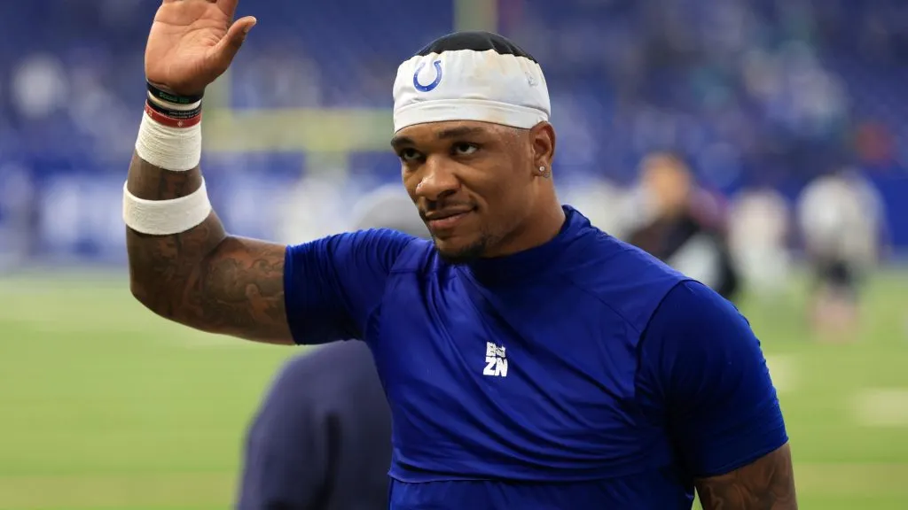 Anthony Richardson #5 of the Indianapolis Colts walks off the field after beating the Miami Dolphins 16-10 at Lucas Oil Stadium on October 20, 2024. (Source: Justin Casterline/Getty Images)