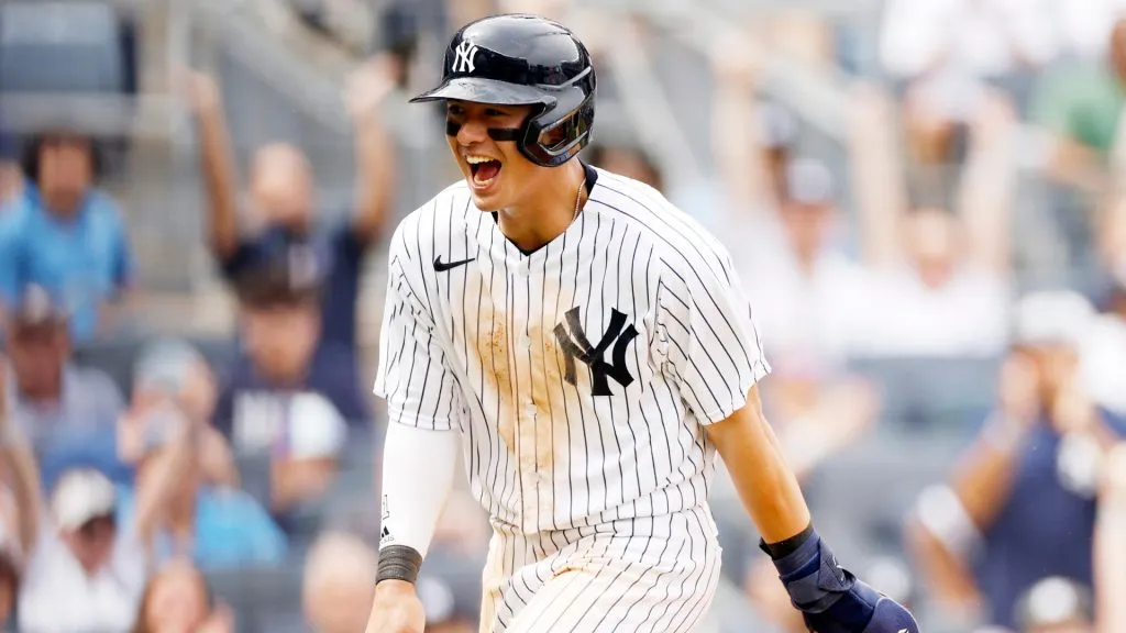 Anthony Volpe #11 of the New York Yankees reacts after scoring on a wild pitch thrown by Ryan Thompson #81 of the Tampa Bay Rays during the sixth inning on May 13, 2023. (Source: Sarah Stier/Getty Images)