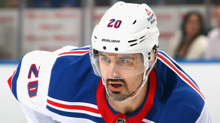 Chris Kreider #20 of the New York Rangers skates against the New York Islanders at UBS Arena on April 10, 2025 in Elmont, New York.