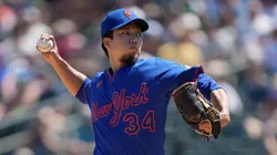 Kodai Senga #34 of the New York Mets pitches against the Athletics in the bottom of the first inning at Sutter Health Park on April 13, 2025 in Sacramento, California.