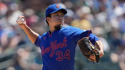 Kodai Senga #34 of the New York Mets pitches against the Athletics in the bottom of the first inning at Sutter Health Park on April 13, 2025 in Sacramento, California.