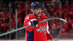Alex Ovechkin #8 of the Washington Capitals celebrates after scoring a goal against the Montreal Canadiens during overtime in Game One of the First Round of the 2025 Stanley Cup Playoffs at Capital One Arena on April 21, 2025 in Washington, DC.