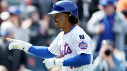 Francisco Lindor #12 of the New York Mets celebrates his solo home run in the first inning against the St. Louis Cardinals at Citi Field on April 20, 2025 in the Flushing neighborhood of the Queens borough of New York City.