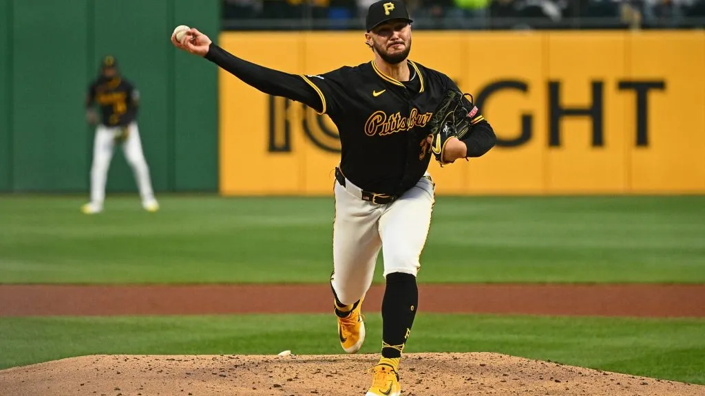 Paul Skenes #30 of the Pittsburgh Pirates delivers a pitch in the fourth inning during the game against the St. Louis Cardinals at PNC Park on April 8, 2025 in Pittsburgh, Pennsylvania. (Photo by Justin Berl/Getty Images)