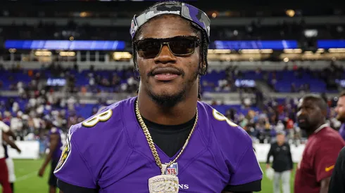 Lamar Jackson #8 of the Baltimore Ravens looks on after the preseason game against the Washington Commanders at M&T Bank Stadium on August 27, 2022 in Baltimore, Maryland.