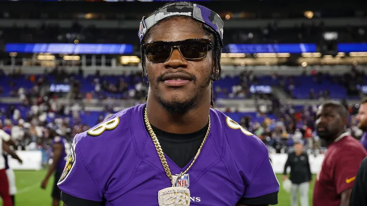 Lamar Jackson #8 of the Baltimore Ravens looks on after the preseason game against the Washington Commanders at M&T Bank Stadium on August 27, 2022 in Baltimore, Maryland.