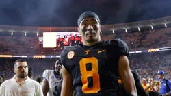 Nico Iamaleava #8 of the Tennessee Volunteers looks on after a victory against the Kentucky Wildcats at Neyland Stadium on November 02, 2024 in Knoxville, Tennessee.