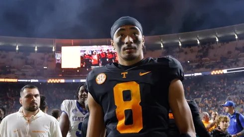 Nico Iamaleava #8 of the Tennessee Volunteers looks on after a victory against the Kentucky Wildcats at Neyland Stadium on November 02, 2024 in Knoxville, Tennessee.