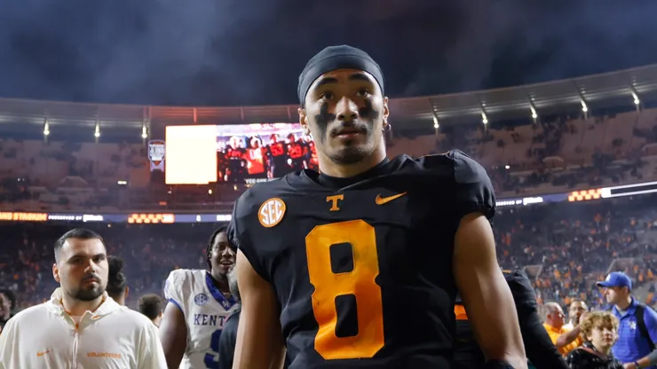 Nico Iamaleava #8 of the Tennessee Volunteers looks on after a victory against the Kentucky Wildcats at Neyland Stadium on November 02, 2024 in Knoxville, Tennessee.