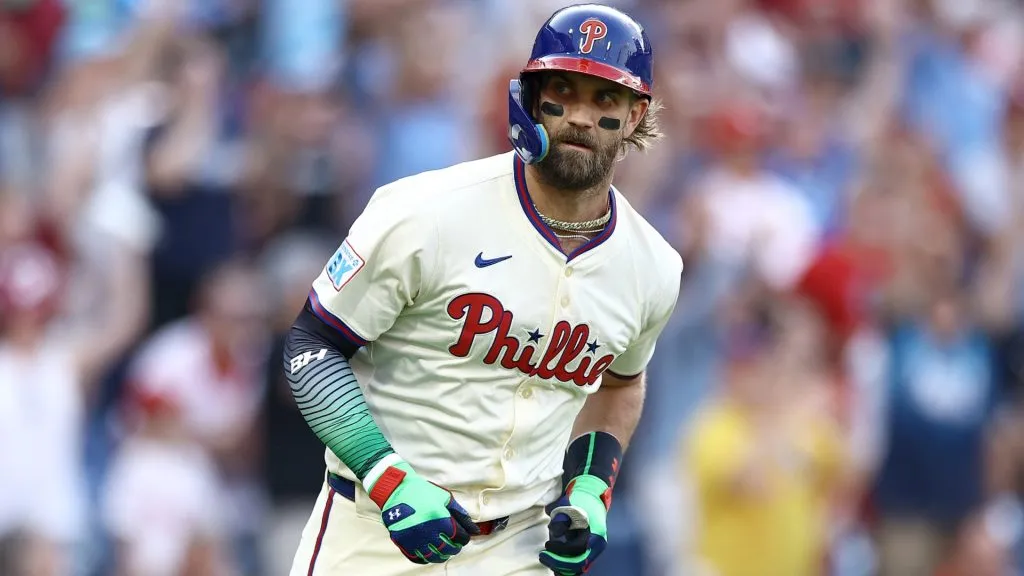 Bryce Harper #3 of the Philadelphia Phillies reacts after hitting a two run home run during the sixth inning against the New York Mets on September 14, 2024. (Source: Tim Nwachukwu/Getty Images)