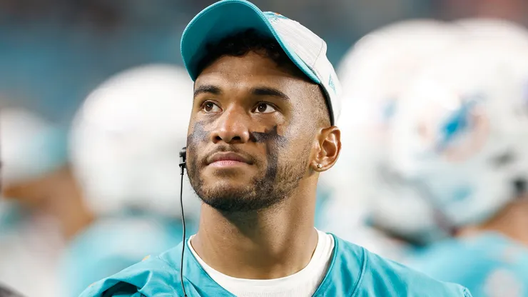 Tua Tagovailoa #1 of the Miami Dolphins looks on during a preseason game against the Atlanta Falcons at Hard Rock Stadium on August 21, 2021 in Miami Gardens, Florida.